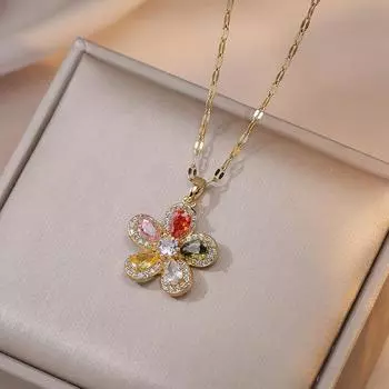 Разноцветное ожерелье с подвеской в виде цветка из циркона для женщин, золотого цвета, цепочка из нержавеющей стали, модные вечерние ювелирные аксессуары
