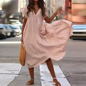 Разноцветное свободное платье с V-образным вырезом для женщин больших размеров S жёлтый