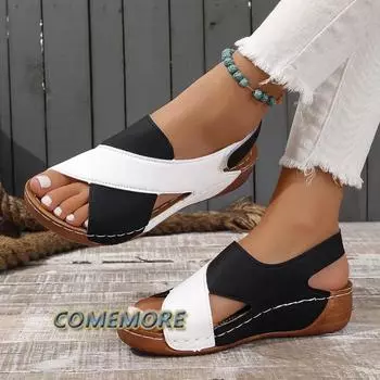 Разноцветные босоножки на танкетке для женщин, лето 2024 г., удобная нескользящая пляжная обувь для женщин, римские сандалии на платформе из искусственной кожи, женские 36