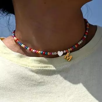 Разноцветные бусины, первоначальное колье из нержавеющей стали, кулон с буквами, ожерелье, женская мода, ювелирные изделия в виде ракушек, сердца, аксессуары в стиле бохо A