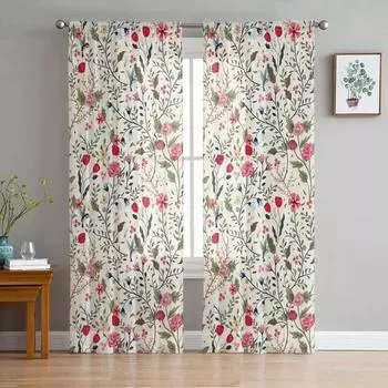 Разноцветные цветы, листья, ветки, растения, тюлевые оконные шторы для гостиной, прозрачная вуаль из органзы, занавеска для спальни, кухни, домашний декор W135 x H115cm x1&Rod Pocket