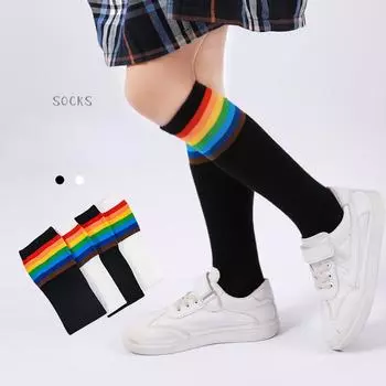 Разноцветные хлопковые чулки, детские чулки в радужную полоску, футбольные носки для девочек 35CM 3-10years old белый