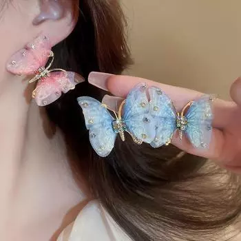Разноцветные кристаллы, двойные тюлевые серьги-бабочки, модные темпераментные женские милые индивидуальные полые серьги-бабочки, ювелирные аксессуары, подарки