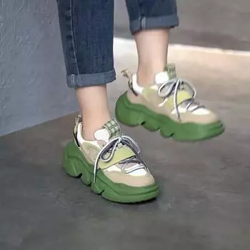 Разноцветные кроссовки из натуральной кожи с дышащей сеткой, женские спортивные кроссовки на шнуровке для отдыха, вулканизированная обувь на платформе 35 зелёный