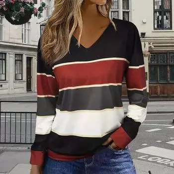Разноцветные квадратные полоски с принтом женские футболки женские топы с длинным рукавом V-образный вырез пуловер женские футболки футболка для женщин XS красный