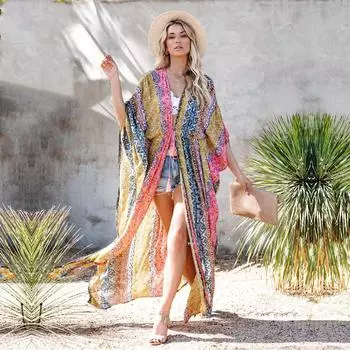 Разноцветные накидки на бикини, сексуальное летнее пляжное платье в стиле бохо с v-образным вырезом и длинными рукавами, пляжная одежда больших размеров, накидка на купальник, 2020 One Size желтый оранжевый