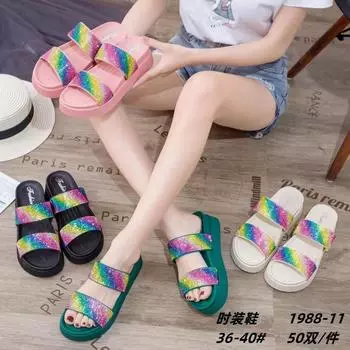 Разноцветные ромбовидные тапочки женские 2025 новые туфли-маффины на плоской подошве односложные тапочки на платформе пляжная обувь для отдыха на море верхняя одежда 36