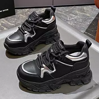 Разноцветные женские кроссовки на платформе 2024 года со шнуровкой, нескользящие, дышащие, вулканизированные туфли из искусственной кожи, повседневная обувь на среднем каблуке 35 чёрный