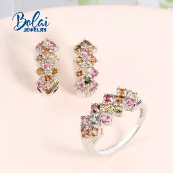 Разноцветный турмалин с натуральными драгоценными камнями, женские кольца, серьги, комплект ювелирных изделий, уникальный дизайн, изысканные украшения, подарок на годовщину матери US RING SIZE 7# серебряный