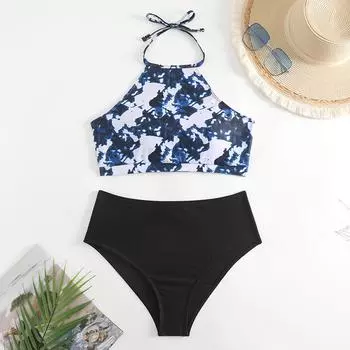 Разноцветный женский купальник-бикини с принтом и вырезом на шее M