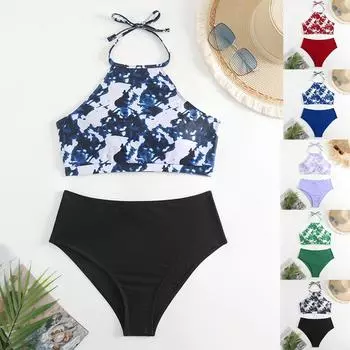 Разноцветный женский купальник-бикини с принтом и вырезом на шее L чёрный