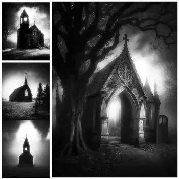 Разрушительная, одинокая церковь в поле Ретро настенная живопись маслом Странная архитектура Черно-белый художественный постер 21cm30cm NoFrame