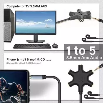 Разветвитель для наушников 3,5 мм, разветвитель для наушников «папа-мама», 5-портовый адаптер для гарнитуры для смартфонов, ноутбуков, ПК