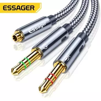 Разветвитель для наушников Essager, адаптер для наушников, аудио разъем 3,5 мм с разъемом «мама» на 2 разъема для микрофона, Y-разветвитель, Aux-кабель для адаптера для ПК, Aux-кабель 25CM серый