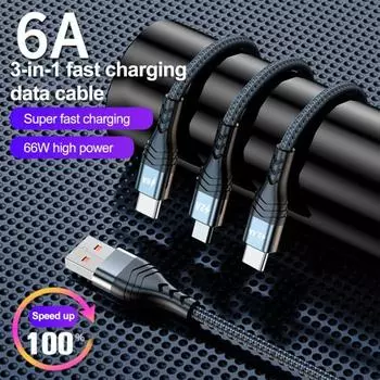 Разветвитель зарядного кабеля 3-в-1 1,2/2 м, 6 А, 66 Вт, высокая мощность, 8 контактов, тип C/2 А, микро/2,4 А, быстрая портативная зарядка, плетеный 2M серый