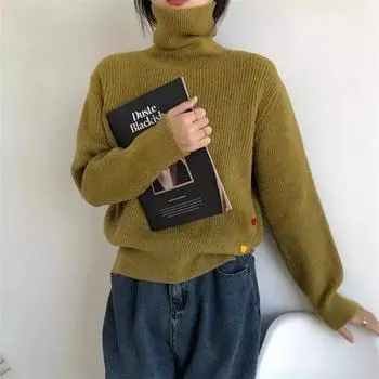 развилка сбоку, водолазка с цветной пряжкой, женская мягкая вощеная свободная и плотная рубашка-пуловер, новые модели на осень и зиму внутри One size бежевый