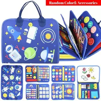 Развивающая доска для малышей от 0 до 3 лет, 12 в 1, игрушка для развития сенсорных навыков и мелкой моторики, образовательная книга-активность, прочный полиэстер, Blue-10 pages