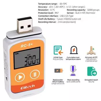 RC-5+ Temperature Data Logger PDF Report USB Data Recorder Temp Datalogger Upgrade for Refrigeration Cold Chain Transport Labs