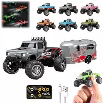 RC Truck USB-C перезаряжаемый нижний уровень с прицепом, 1:64 масштаба грузовик с дистанционным управлением автомобиль с фарами, 2.4Ghz пульт дистанционного управления One Size зелёный