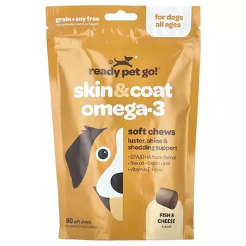 Ready Pet Go, Skin & Coat Omega-3, для собак, для всех возрастов, рыба и сыр, 60 мягких жевательных таблеток, 8,5 унций (240 г)