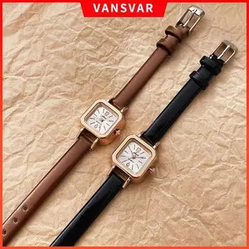 Ready StockJam Tangan Perempuan Ins Модные маленькие квадратные женские часы Повседневные кварцевые часы с кожаным ремешком