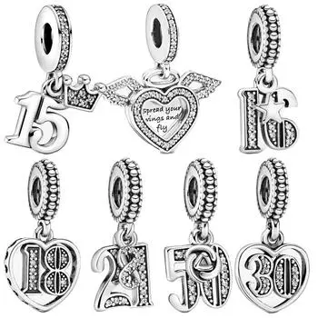 Real 925 Sterling Silver 18th Anniversary Pendant Pav Angel Wing Charm Fit Fashion Bracelet Diy Jewelry Birthday Gift Making