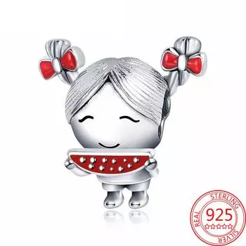 Настоящее 925 пробы серебро милый плетеный арбуз маленькая девочка шарм подходит оригинальный модный браслет 3 мм бисер для изготовления ювелирных изделий