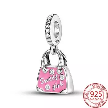 Real 925 Sterling Silver Pink Suitcase Pendant Bag Charm Fit Original Fashion Snake Bracelet Diy Woman Fine Jewelry Accessories