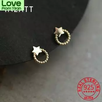 Real 925 Sterling Silver Round Star Stud 14k Gold Earrings For Women Classic Fine Jewelry Minimalist Accessories