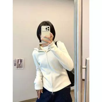 Real Graphene Heating and Warm-Keeping Small Waist Super Figure Three-Dimensional Cutting Delicate Comfortable Velvet Hooded Sweatshirt Jacket White L