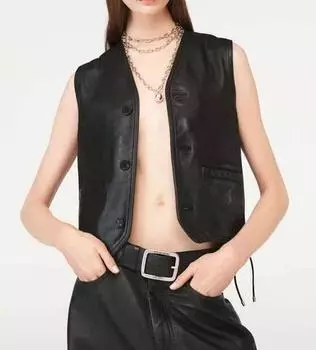 Real Leather Waistcoat Classic Black Lambskin Button Western Women Vest Coat S чёрный