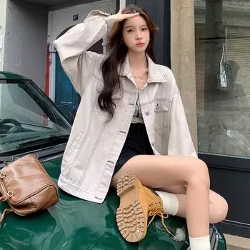 Реальная цена! Джинсовая куртка в стиле ретро с воротником-поло и длинными рукавами, женская, свободного покроя, средней и длинной длины, повседневный топ на раннюю осень S