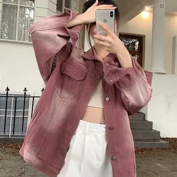 Реальная цена! постепенное изменение цвета джинсовой куртки весна и осень новый ретро свободный дизайн чувство старая куртка верхняя часть S