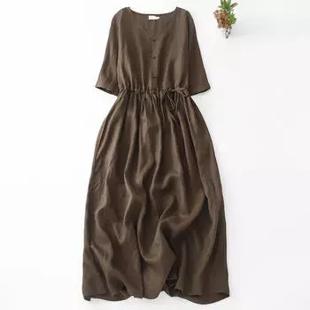 Реальное фото летнее новое хлопково-льняное литературное платье с V-образным вырезом в стиле ретро свободное по талии со средним рукавом А-силуэта длинное платье женское M темно-коричневого