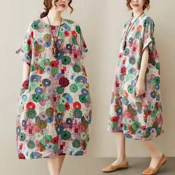 Реальное Платье Летнее Свободное и Тонкое Хлопково-Льняное с Коротким Рукавом Large size average size