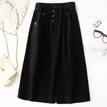 Реальный снимок 2025 года, осень, новая литературная и ретро-юбка однотонного цвета, женская эластичная талия, пуговицы показывают тонкую юбку А-образного силуэта для поездок на работу one size fits all чёрный