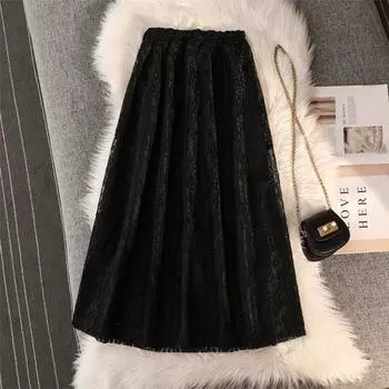 Реальный снимок 2025 года, весна, новая кружевная юбка А-образного силуэта, покрывает мясо и выглядит тонкой и эластичной талией, средняя и длинная юбка темперамента, женская одежда one size fits all