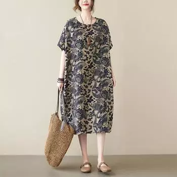 Реальный снимок летнего хлопкового льна большого размера, художественное свободное утягивающее художественное ретро-платье с короткими рукавами для женщин One Size