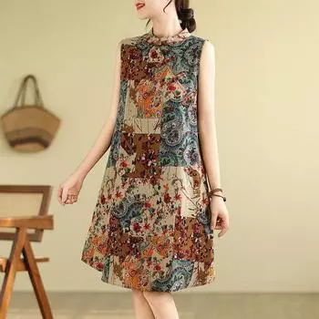 Реальный снимок летнего китайского стиля улучшенного чонсама в стиле ретро свободного кроя средней длины для женщин M синий