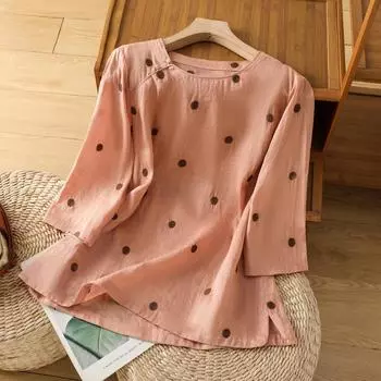 Реальный снимок летней хлопковой льняной футболки с принтом в стиле ретро в горошек и круглым вырезом для женщин M