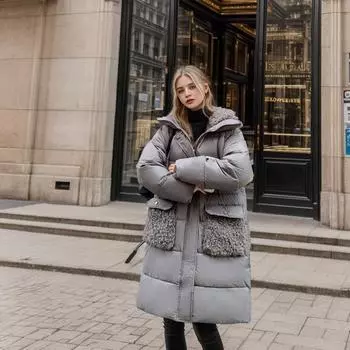 Реальный выстрел средний и длинный плюшевый карман женский осенне-зимний иностранный стиль пуховая хлопковая подбитая одежда женская куртка с капюшоном на хлопковой подбитой прилив M белый