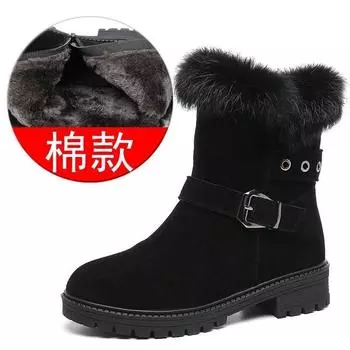 Real rabbit fur short boots women s winter 2024 new plush cotton shoes thick heel plush snow boots comfortable medium heel plush boots 35