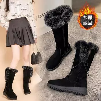 Real rabbit fur snow boots women s 2024 winter mother boots warm cotton boots velvet thick-soled women s boots medium boots women s 10