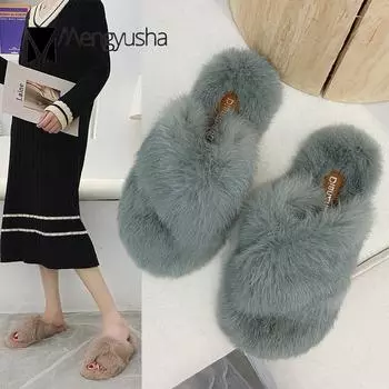 Теплые зимние тапочки из натуральной кроличьей шерсти с мехом, с перекрестными полосками, с открытым носком, плюшевые, женские, повседневные, без застежек, ленивые шлепанцы 5 зелёный