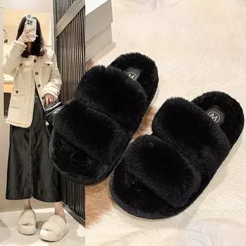 Real rabbit Mao Mao slippers women s thick-soled outer wear in the autumn and winter of 2024 new Korean version lazy shoes home warm hair mop batch 35