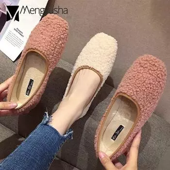 Real Sheep Fur Flats Women Curly Wool Shoes Plush Fur Loafers Ladies Polar Fleece Single Shoes Winter Girls Furry Ballets Shoes 5 бежевый