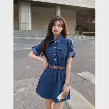Real Shot Plus Size Denim Short Sleeve Dress для женщин - Летняя коллекция, утягивающий дизайн талии 2XL