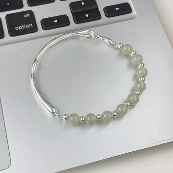 Real Shot S925 Стерлинговое Серебро Новый Китайский Стиль Ретро Полу-Браслет Натуральный Нефритовый Браслет Хотан Нежный Дизайн Браслет Мода Adjustable size