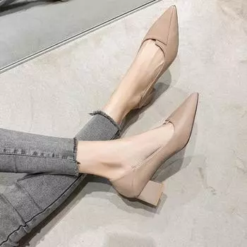 Real soft leather autumn new single shoes women s thick heel light mouth high heels women s Korean version of mother shoes medium heel versatile gr 35