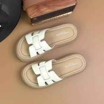 Real soft leather breathable woven 5cm thick bottom heightening outer wear slippers women s summer beach breathable sandals 35